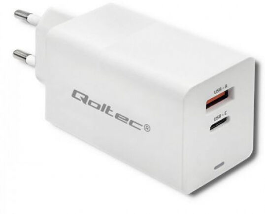 Qoltec 51776 - GaN FAST 65W charger / 5-20V / 2.25 - 3.25A - USB-C + USB-A