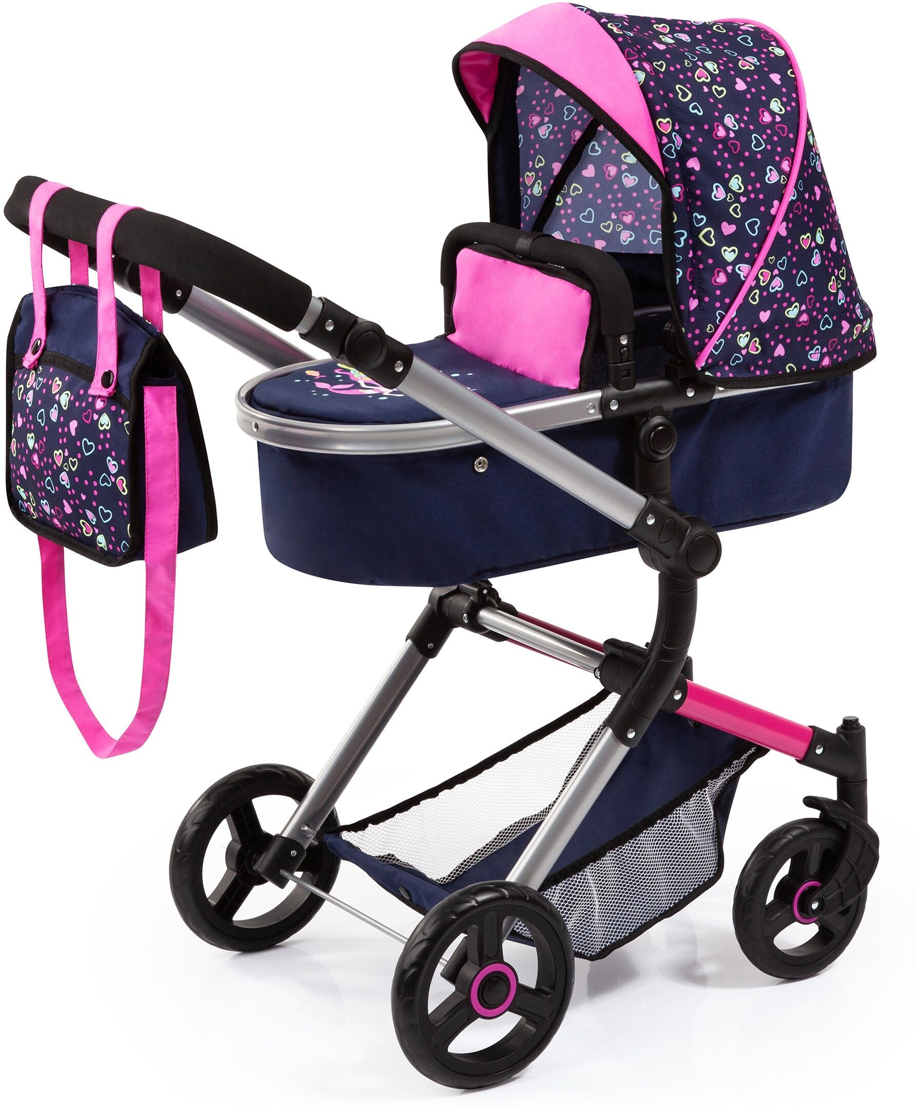 Bayer Kombi-Puppenwagen »Vario, Blau/Pink/Herzchen«, inkl. Wickeltasche blau