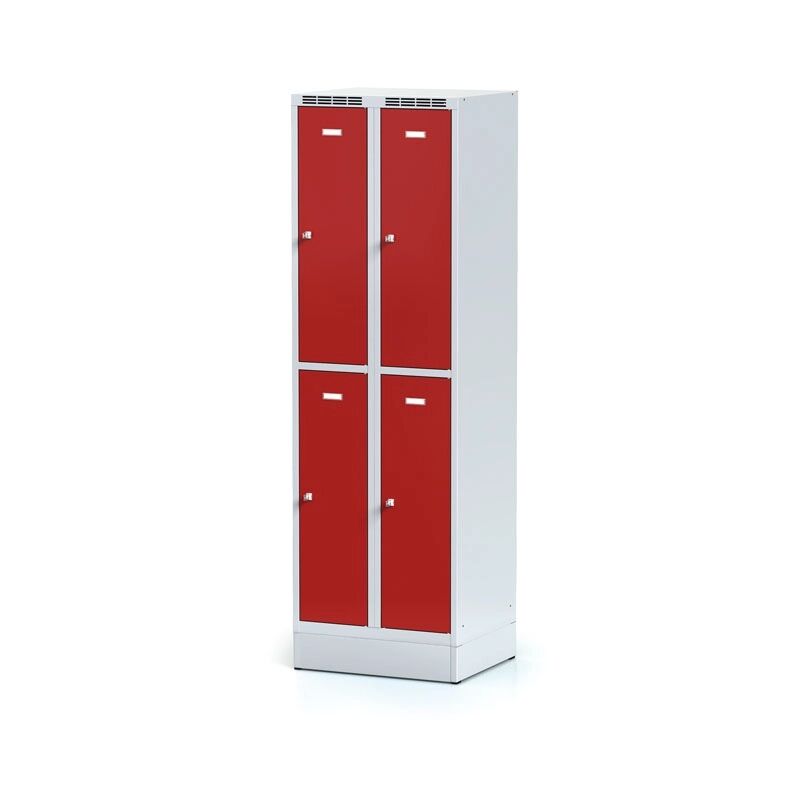 Alfa 3 Kovová šatní skříňka na soklu, 4 boxy, červené dveře, cylindrický
