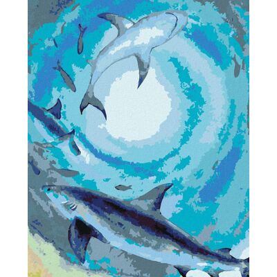 zuty Hejno žraloků a ryb plavající v temném moři, 80×100 cm, bez rámu a bez vypnutí plátna zuty Hejno žraloků a ryb plavající v temném moři, 80×100 cm, bez rámu a bez vypnutí plátna