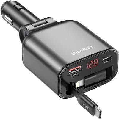 ChoeTech 105W USB-C+USB-A Digital Fast car charger with Stretchable Type-C cable ChoeTech 105W USB-C+USB-A Digital Fast car charger with Stretchable Type-C cable