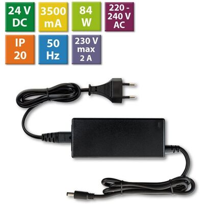 McLED Napájecí adaptér 84W, DC24V/3,5A, IP20, černý plast, s vidlicí McLED Napájecí adaptér 84W, DC24V/3,5A, IP20, černý plast, s vidlicí