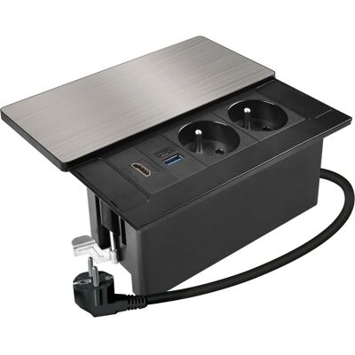 Solight vestavný blok zásuvek s posuvným krytem, 2 zásuvky, HDMI, USB A+C 20W PD, 2 m, stříbrný Solight vestavný blok zásuvek s posuvným krytem, 2 zásuvky, HDMI, USB A+C 20W PD, 2 m, stříbrný