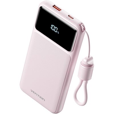 Vention 10000mAh Power Bank (USB-C + USB-A) with Built-in Cable 22.5W Pink LED Display Type Vention 10000mAh Power Bank (USB-C + USB-A) with Built-in Cable 22.5W Pink LED Display Type