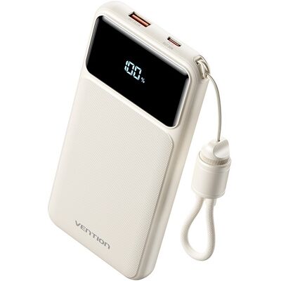 Vention 10000mAh Power Bank (USB-C + USB-A) with Built-in Cable 22.5W White LED Display Type Vention 10000mAh Power Bank (USB-C + USB-A) with Built-in Cable 22.5W White LED Display Type