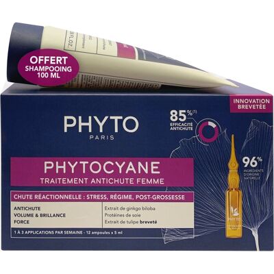 PHYTO Phytocyane Péče proti reakčnímu vypadávání vlasů pro ženy 12 × 5 ml + Šampon proti vypadávání PHYTO Phytocyane Péče proti reakčnímu vypadávání vlasů pro ženy 12 × 5 ml + Šampon proti vypadávání