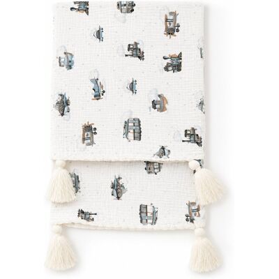 Baby Nellys Mušelínová deka Double 75 × 90 cm, s bambulkami, bavlněná - Vláček Baby Nellys Mušelínová deka Double 75 × 90 cm, s bambulkami, bavlněná - Vláček