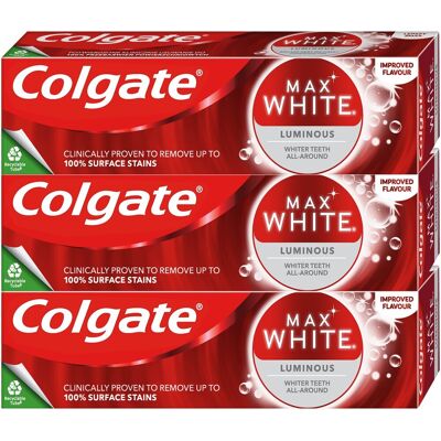 Colgate Max White Luminous Zubní pasta - Bělící, Jemná, 3x75ml Colgate Max White Luminous Zubní pasta - Bělící, Jemná, 3x75ml