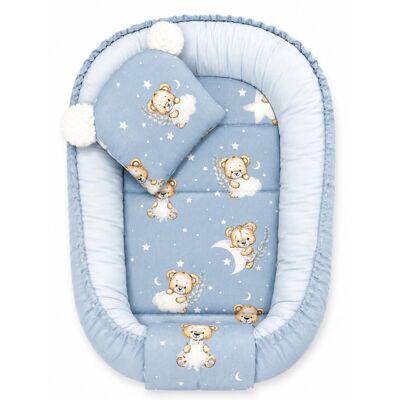 Baby Nellys Oboustranné hnízdečko Sleepy Teddy, podložka + polštářek 3D, modré Baby Nellys Oboustranné hnízdečko Sleepy Teddy, podložka + polštářek 3D, modré