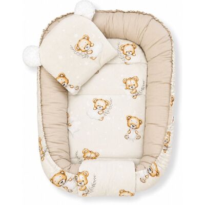 Baby Nellys Oboustranné hnízdečko Sleepy Teddy, podložka + polštářek 3D, béžové Baby Nellys Oboustranné hnízdečko Sleepy Teddy, podložka + polštářek 3D, béžové