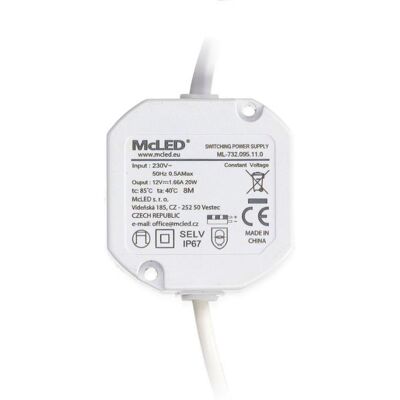 McLED Napájecí zdroj 20 W, DC12 V/1,67 A, IP67, do elektroinstalační krabice McLED Napájecí zdroj 20 W, DC12 V/1,67 A, IP67, do elektroinstalační krabice