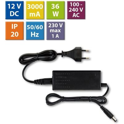 McLED Napájecí adaptér 36W, DC12V/3A, IP20, černý plast, s vidlicí McLED Napájecí adaptér 36W, DC12V/3A, IP20, černý plast, s vidlicí