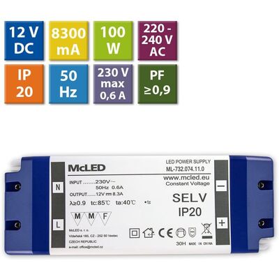 McLED Napájecí zdroj 100W, DC12V/8,3A, IP20, plastové provedení se svorkovnicí McLED Napájecí zdroj 100W, DC12V/8,3A, IP20, plastové provedení se svorkovnicí