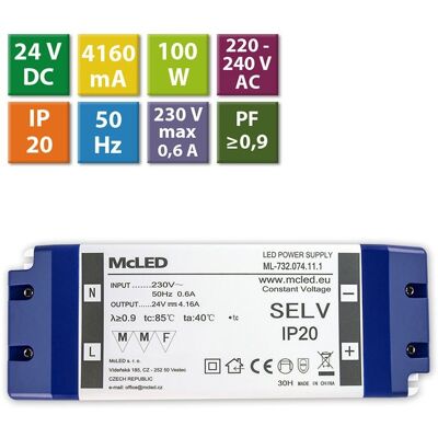 McLED Napájecí zdroj 100W, DC24V/4,16A, IP20, plastové provedení se svorkovnicí McLED Napájecí zdroj 100W, DC24V/4,16A, IP20, plastové provedení se svorkovnicí
