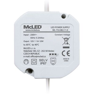 McLED Napájecí zdroj 12W, DC12V/1A, IP67, do elektroinstalační krabice McLED Napájecí zdroj 12W, DC12V/1A, IP67, do elektroinstalační krabice
