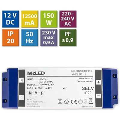 McLED Napájecí zdroj 150W, DC12V/12,5A, IP20, plastové provedení se svorkovnicí McLED Napájecí zdroj 150W, DC12V/12,5A, IP20, plastové provedení se svorkovnicí