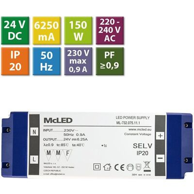 McLED Napájecí zdroj 150W, DC24V/6,25A, IP20, plastové provedení se svorkovnicí McLED Napájecí zdroj 150W, DC24V/6,25A, IP20, plastové provedení se svorkovnicí