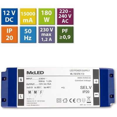 McLED Napájecí zdroj 180W, DC12V/15A, IP20, plastové provedení se svorkovnicí McLED Napájecí zdroj 180W, DC12V/15A, IP20, plastové provedení se svorkovnicí