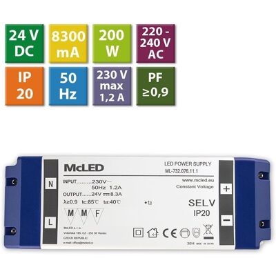 McLED Napájecí zdroj 200W, DC24V/8,3A, IP20, plastové provedení se svorkovnicí McLED Napájecí zdroj 200W, DC24V/8,3A, IP20, plastové provedení se svorkovnicí