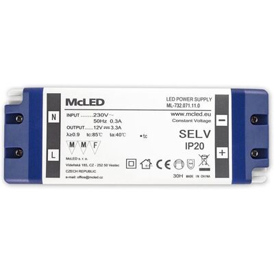 McLED Napájecí zdroj 40W, DC12V/3,3A, IP20, plastové provedení se svorkovnicí McLED Napájecí zdroj 40W, DC12V/3,3A, IP20, plastové provedení se svorkovnicí
