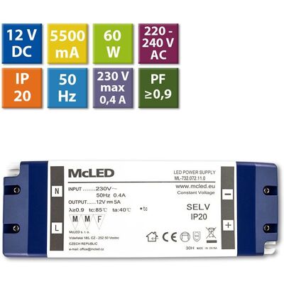McLED Napájecí zdroj 60W, DC12V/5A, IP20, plastové provedení se svorkovnicí McLED Napájecí zdroj 60W, DC12V/5A, IP20, plastové provedení se svorkovnicí