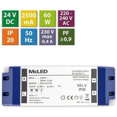 McLED Napájecí zdroj 60W, DC24V/2,5A, IP20, plastové provedení se svorkovnicí McLED Napájecí zdroj 60W, DC24V/2,5A, IP20, plastové provedení se svorkovnicí