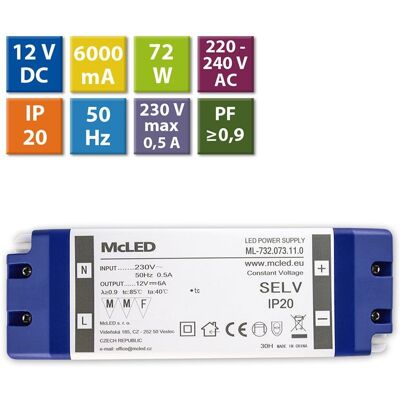 McLED Napájecí zdroj 72W, DC12V/6A, IP20, plastové provedení se svorkovnicí McLED Napájecí zdroj 72W, DC12V/6A, IP20, plastové provedení se svorkovnicí