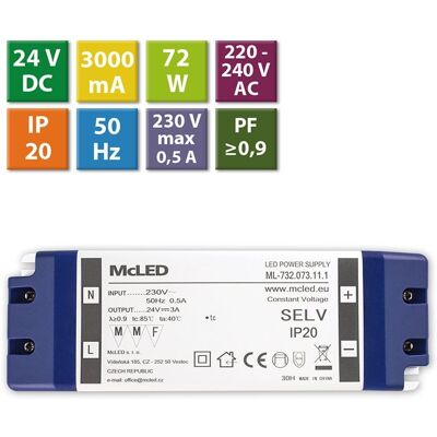 McLED Napájecí zdroj 72W, DC24V/3A, IP20, plastové provedení se svorkovnicí McLED Napájecí zdroj 72W, DC24V/3A, IP20, plastové provedení se svorkovnicí