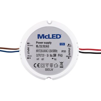 McLED Napájecí zdroj 36 W, DC12V/3A, IP20, plastový, do el.instalační krabice McLED Napájecí zdroj 36 W, DC12V/3A, IP20, plastový, do el.instalační krabice
