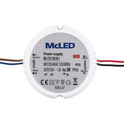 McLED Napájecí zdroj 36 W, DC24V/1,5A, IP20, plastový, do el.instalační krabice McLED Napájecí zdroj 36 W, DC24V/1,5A, IP20, plastový, do el.instalační krabice