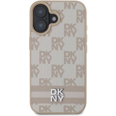 Růžový kryt DKNY na iPhone 16 s kostkovým a pruhovaným vzorem Růžový kryt DKNY na iPhone 16 s kostkovým a pruhovaným vzorem