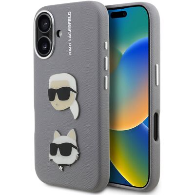 Karl Lagerfeld Grained PU K&CH; Heads Zadní Kryt pro iPhone 16 Grey Karl Lagerfeld Grained PU K&CH; Heads Zadní Kryt pro iPhone 16 Grey