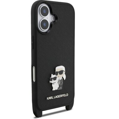 Karl Lagerfeld Saffiano Crossbody Popruh Metal Karl and Choupette Zadní Kryt pro iPhone 17 Black Karl Lagerfeld Saffiano Crossbody Popruh Metal Karl and Choupette Zadní Kryt pro iPhone 17 Black