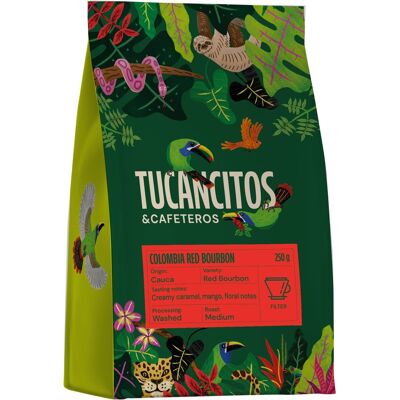 Leros TUCANCITOS & Cafeteros Colombia Red Bourbon filter, bean 250 g zrno Leros TUCANCITOS & Cafeteros Colombia Red Bourbon filter, bean 250 g zrno