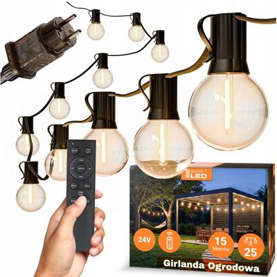 Smart LED Zahradní světelná stmívatelná girlanda 15m 25x LED žárovka E12 dálkové ovládání Smart LED Zahradní světelná stmívatelná girlanda 15m 25x LED žárovka E12 dálkové ovládání