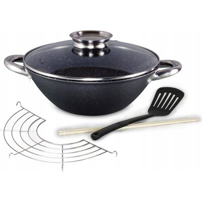 kamille pánev litinová WOK 4806MR, skleněná poklice, rošt, obracečka, hůlky, 28 cm kamille pánev litinová WOK 4806MR, skleněná poklice, rošt, obracečka, hůlky, 28 cm