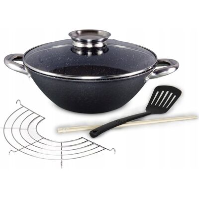 kamille pánev litinová WOK 4815MR, skleněná poklice, rošt, obracečka, hůlky, 26 cm kamille pánev litinová WOK 4815MR, skleněná poklice, rošt, obracečka, hůlky, 26 cm