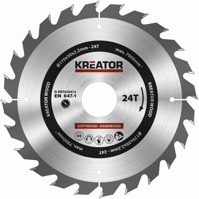 KREATOR Pilový kotouč na dřevo 170mm, 24T KRT020412 KREATOR Pilový kotouč na dřevo 170mm, 24T KRT020412