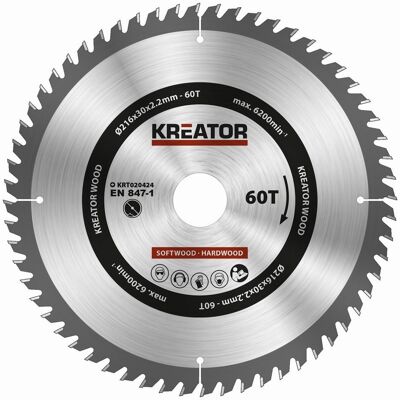 Kreator 216mm kruhová pila - 60 zubů - řezání dřeva Kreator 216mm kruhová pila - 60 zubů - řezání dřeva