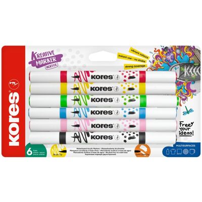KORES Kreative Marker akrylové, oboustranný hrot 2 v 1 (štětcový a kónický) - set 6 barev KORES Kreative Marker akrylové, oboustranný hrot 2 v 1 (štětcový a kónický) - set 6 barev