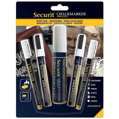 SECURIT Original, sada 2 tenkých, 2 středních a 1 velkého křídového popisovače Bílá SECURIT Original, sada 2 tenkých, 2 středních a 1 velkého křídového popisovače Bílá