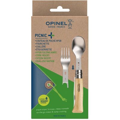 OPINEL Picnic+ (lžíce, vidlička, ubrousek - včetně nože N°08 - buk) OPINEL Picnic+ (lžíce, vidlička, ubrousek - včetně nože N°08 - buk)