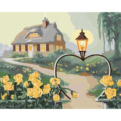 Zuty - Malování Podle Čísel - Žluté Růže, Branka Ve Tvaru Srdce S Lampou A Dům (D. Rusty Rust), 80X1 Zuty - Malování Podle Čísel - Žluté Růže, Branka Ve Tvaru Srdce S Lampou A Dům (D. Rusty Rust), 80X1