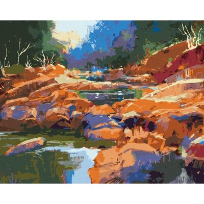 zuty Tekoucí řeka mezi kameny v lese, 80×100 cm, vypnuté plátno na rám zuty Tekoucí řeka mezi kameny v lese, 80×100 cm, vypnuté plátno na rám