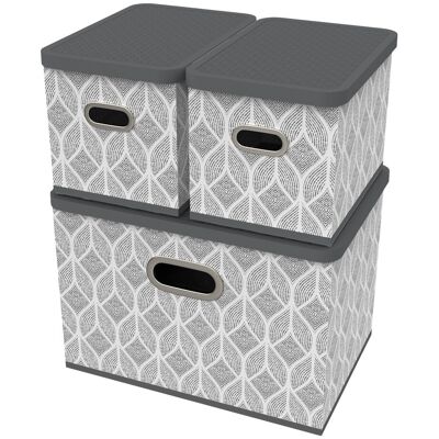 Homelife Úložný Box S Víkem Sada 3 Ks - List Šedo-Bílá Homelife Úložný Box S Víkem Sada 3 Ks - List Šedo-Bílá
