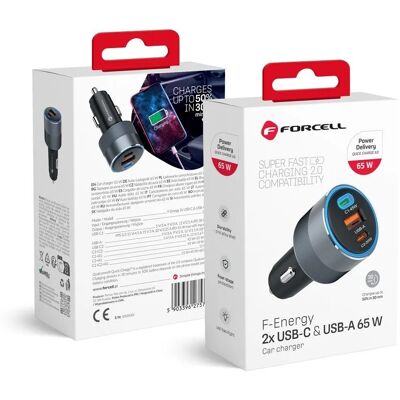 Forcell nabíječka do auta 2x USB-C, USB-A, 65W, šedá Forcell nabíječka do auta 2x USB-C, USB-A, 65W, šedá