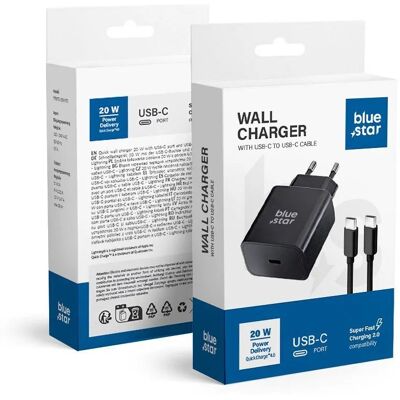 BlueStar nabíječka USB-C + kabel USB-C - USB-C, černá BlueStar nabíječka USB-C + kabel USB-C - USB-C, černá