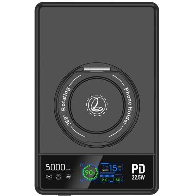 OEM UltraThin MagSafe 15W Bezdrátová powerbanka 5000 mAh s nabíjením Apple Watch a 360° otočným stojánkem, černá OEM UltraThin MagSafe 15W Bezdrátová powerbanka 5000 mAh s nabíjením Apple Watch a 360° otočným stojánkem, černá