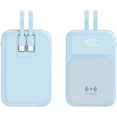 OEM Bezdrátová Powerbanka se 2 vestavěnými kabely, 5000mAh, USB-C + Lightning, 15W, modrá OEM Bezdrátová Powerbanka se 2 vestavěnými kabely, 5000mAh, USB-C + Lightning, 15W, modrá
