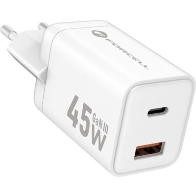 Forcell F-Energy adaptér Mini GaN III, USB-C + USB-A, PD, QC4.0, 45W, bílý Forcell F-Energy adaptér Mini GaN III, USB-C + USB-A, PD, QC4.0, 45W, bílý